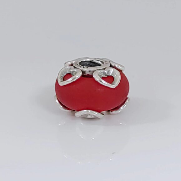 Pandora Frosted Red Murano Glass Charm Bead and Hearts Charm Bead with box - Picture 1 of 3